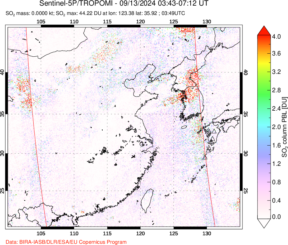 A sulfur dioxide image over Eastern China on Sep 13, 2024.