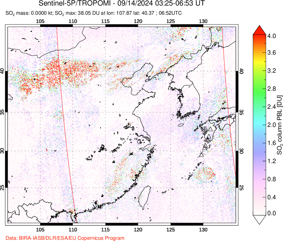 A sulfur dioxide image over Eastern China on Sep 14, 2024.