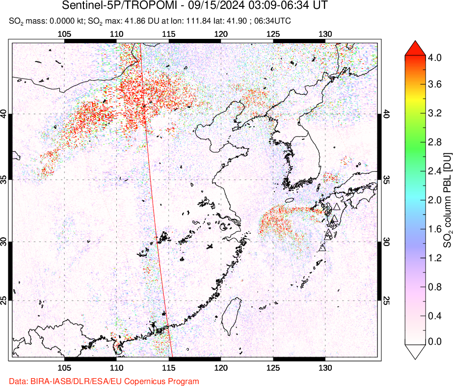 A sulfur dioxide image over Eastern China on Sep 15, 2024.