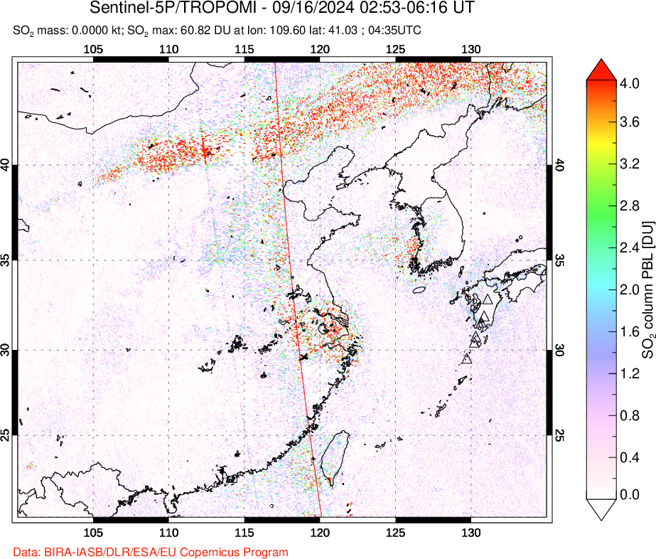 A sulfur dioxide image over Eastern China on Sep 16, 2024.