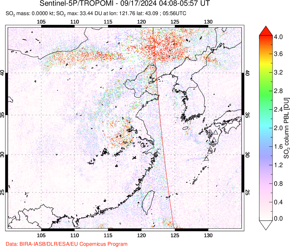 A sulfur dioxide image over Eastern China on Sep 17, 2024.