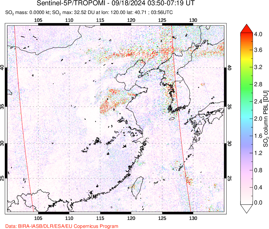 A sulfur dioxide image over Eastern China on Sep 18, 2024.