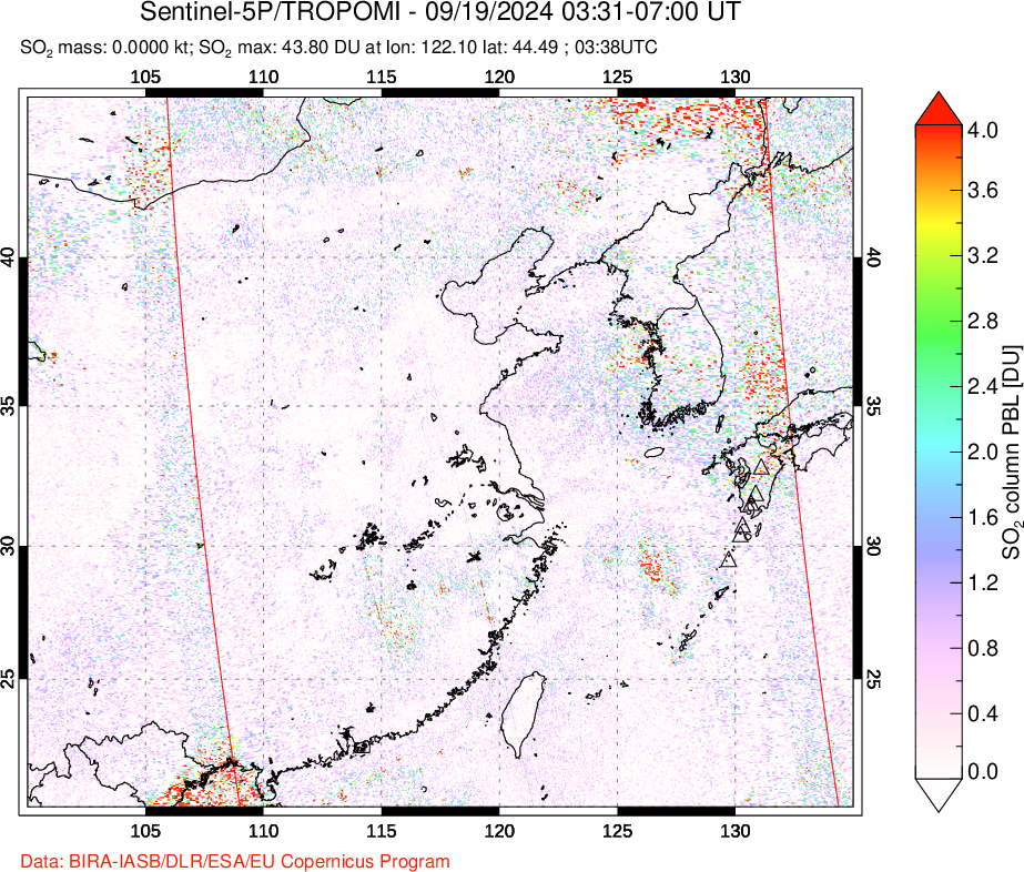 A sulfur dioxide image over Eastern China on Sep 19, 2024.