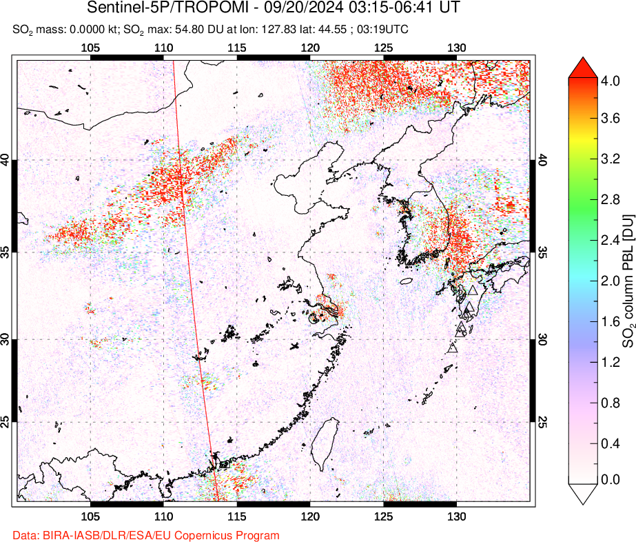 A sulfur dioxide image over Eastern China on Sep 20, 2024.