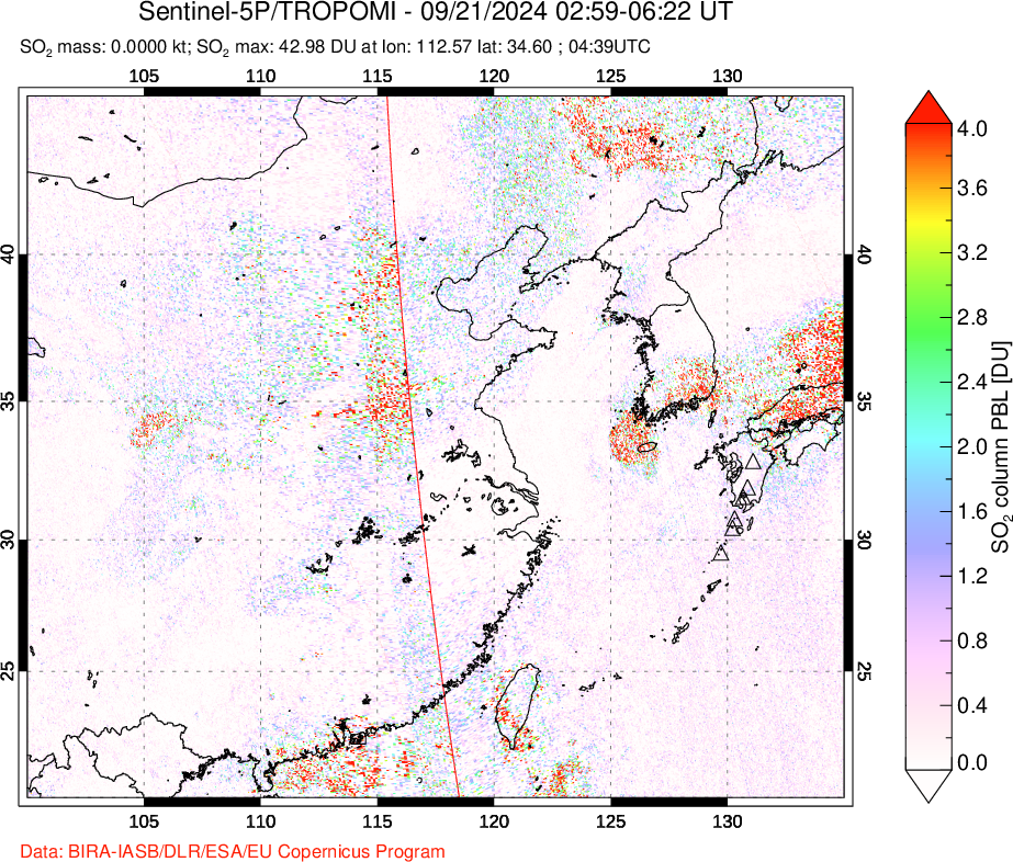 A sulfur dioxide image over Eastern China on Sep 21, 2024.