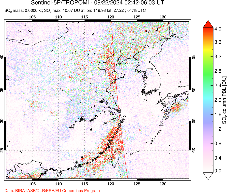 A sulfur dioxide image over Eastern China on Sep 22, 2024.