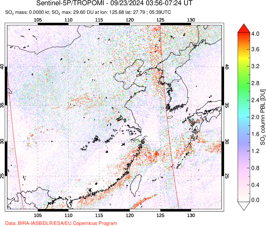 A sulfur dioxide image over Eastern China on Sep 23, 2024.