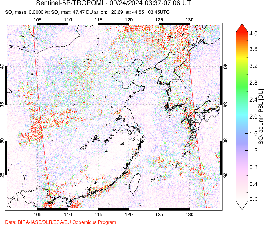 A sulfur dioxide image over Eastern China on Sep 24, 2024.