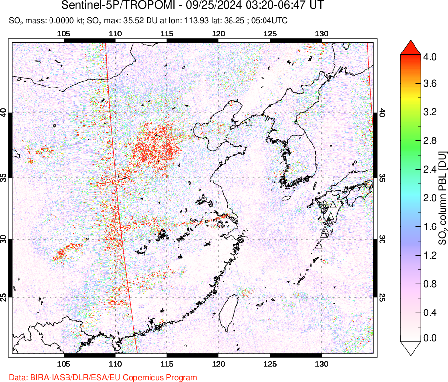 A sulfur dioxide image over Eastern China on Sep 25, 2024.