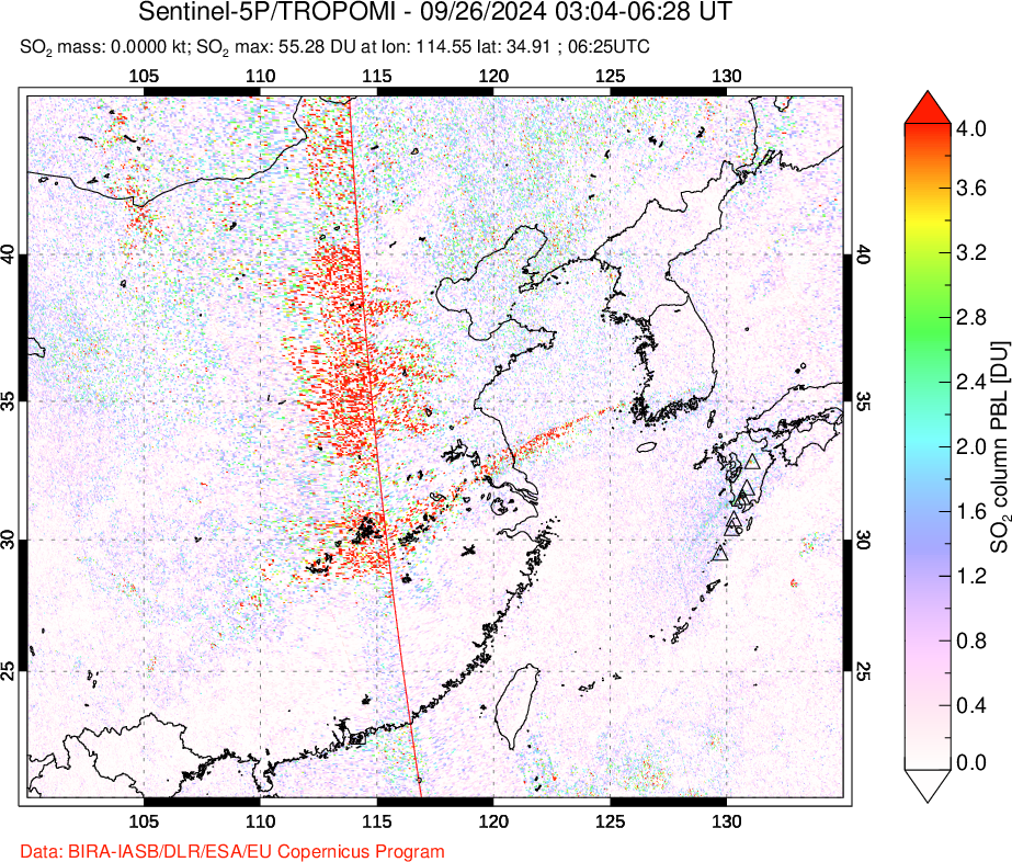 A sulfur dioxide image over Eastern China on Sep 26, 2024.