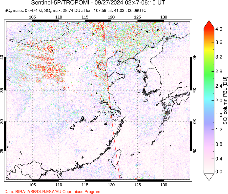 A sulfur dioxide image over Eastern China on Sep 27, 2024.