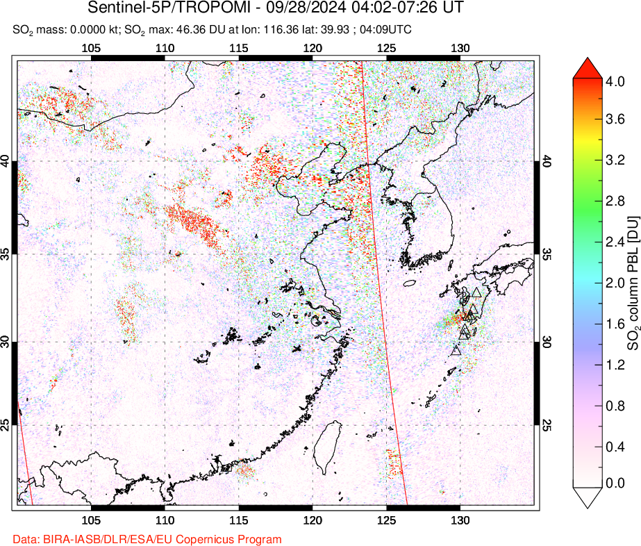 A sulfur dioxide image over Eastern China on Sep 28, 2024.