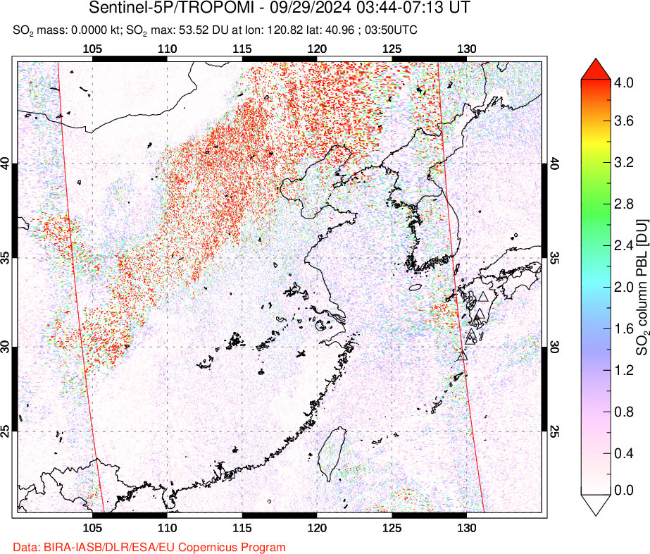 A sulfur dioxide image over Eastern China on Sep 29, 2024.