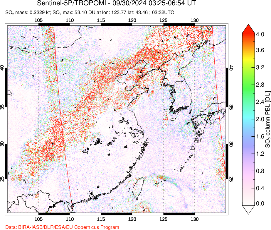 A sulfur dioxide image over Eastern China on Sep 30, 2024.