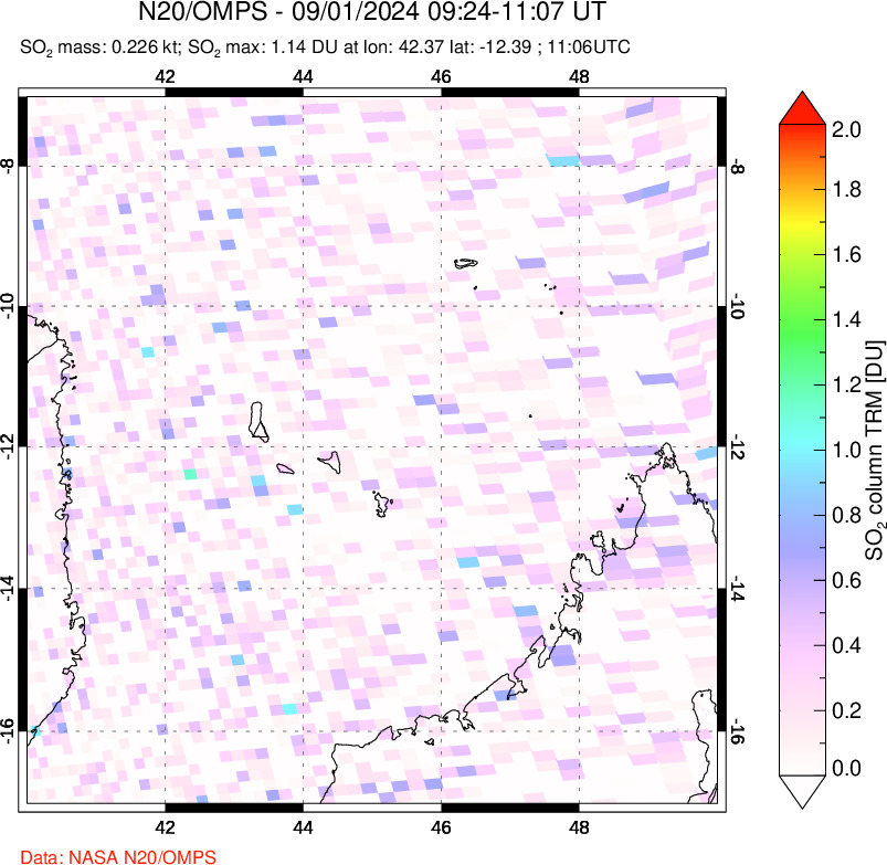 A sulfur dioxide image over Comoro Islands on Sep 01, 2024.