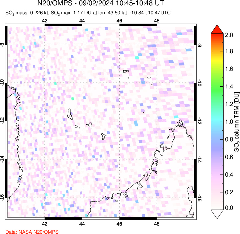 A sulfur dioxide image over Comoro Islands on Sep 02, 2024.