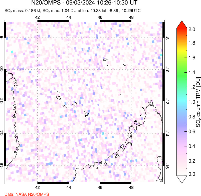 A sulfur dioxide image over Comoro Islands on Sep 03, 2024.