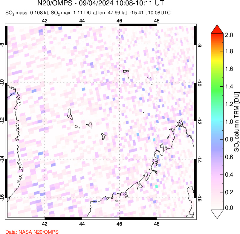 A sulfur dioxide image over Comoro Islands on Sep 04, 2024.