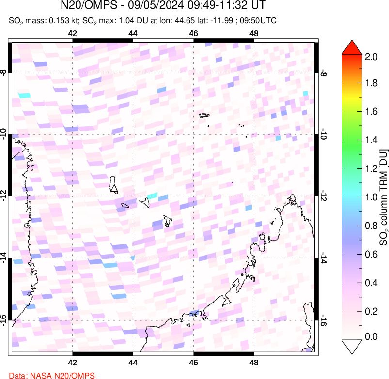 A sulfur dioxide image over Comoro Islands on Sep 05, 2024.