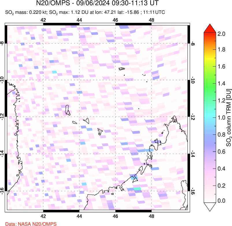 A sulfur dioxide image over Comoro Islands on Sep 06, 2024.