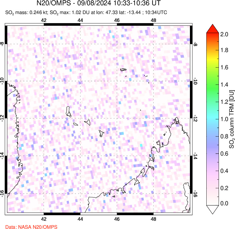 A sulfur dioxide image over Comoro Islands on Sep 08, 2024.