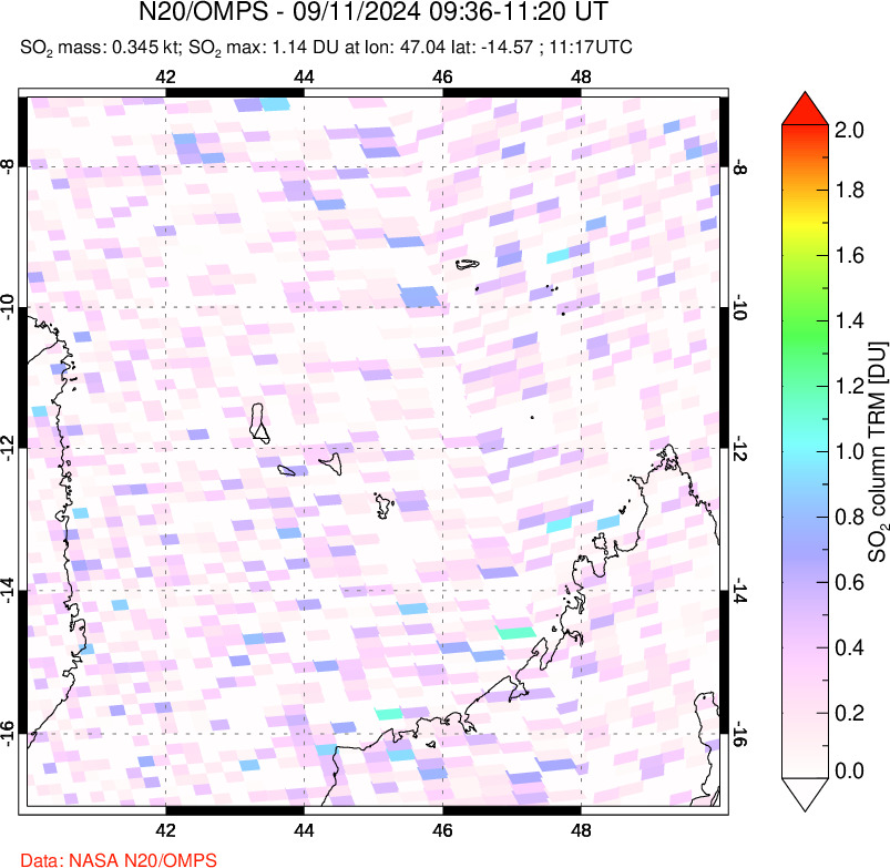 A sulfur dioxide image over Comoro Islands on Sep 11, 2024.