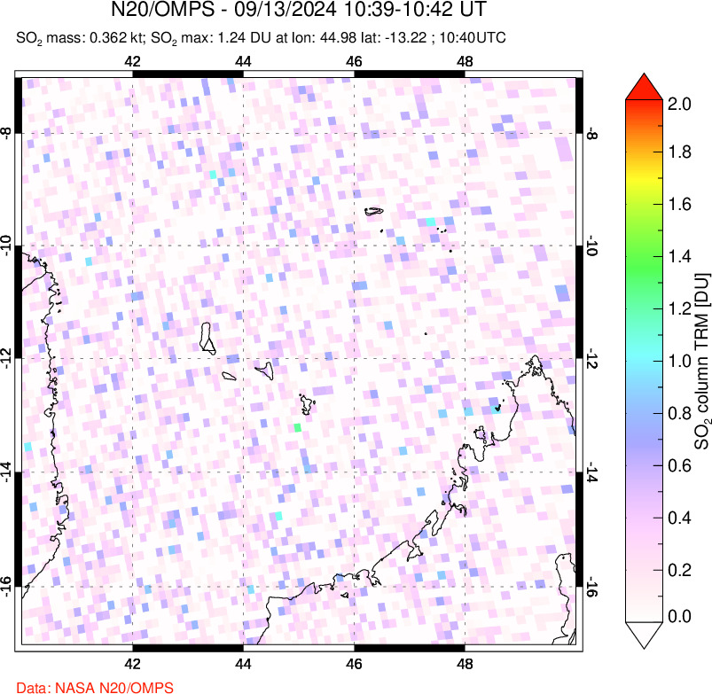 A sulfur dioxide image over Comoro Islands on Sep 13, 2024.