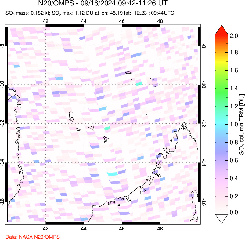 A sulfur dioxide image over Comoro Islands on Sep 16, 2024.