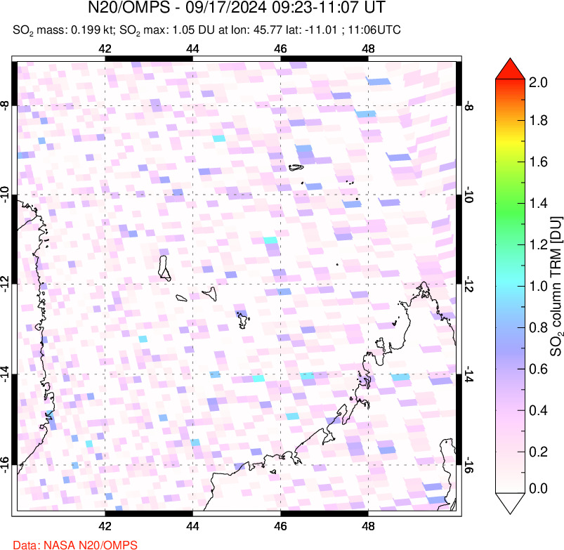 A sulfur dioxide image over Comoro Islands on Sep 17, 2024.