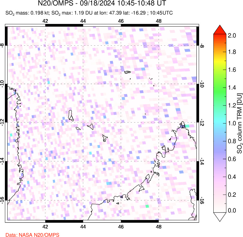 A sulfur dioxide image over Comoro Islands on Sep 18, 2024.