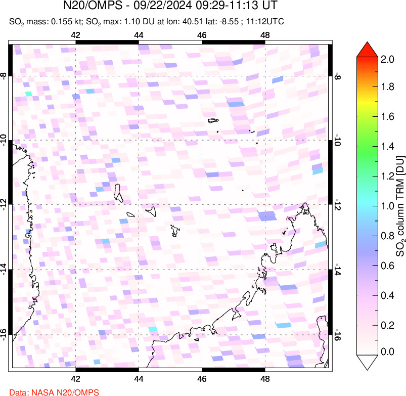 A sulfur dioxide image over Comoro Islands on Sep 22, 2024.