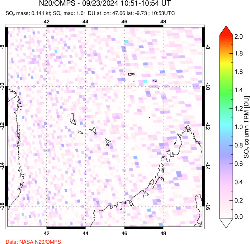 A sulfur dioxide image over Comoro Islands on Sep 23, 2024.