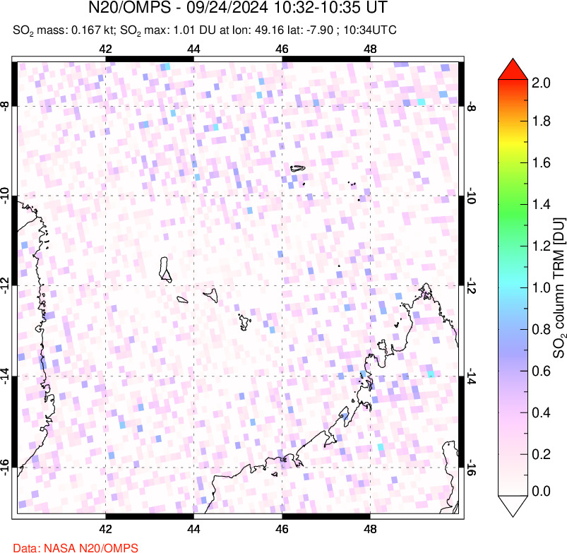 A sulfur dioxide image over Comoro Islands on Sep 24, 2024.