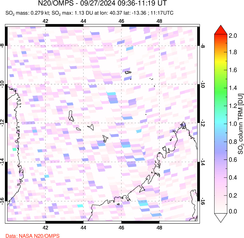 A sulfur dioxide image over Comoro Islands on Sep 27, 2024.