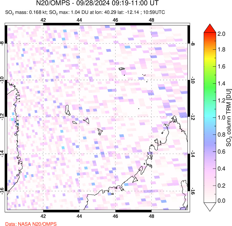 A sulfur dioxide image over Comoro Islands on Sep 28, 2024.