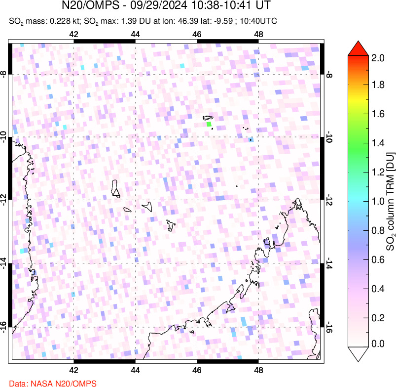 A sulfur dioxide image over Comoro Islands on Sep 29, 2024.