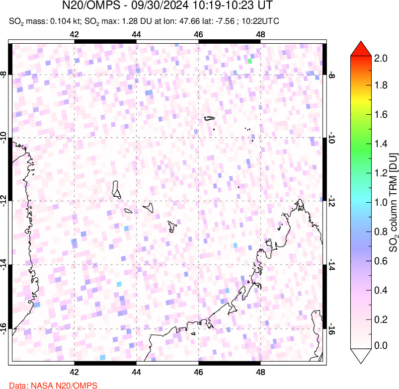 A sulfur dioxide image over Comoro Islands on Sep 30, 2024.