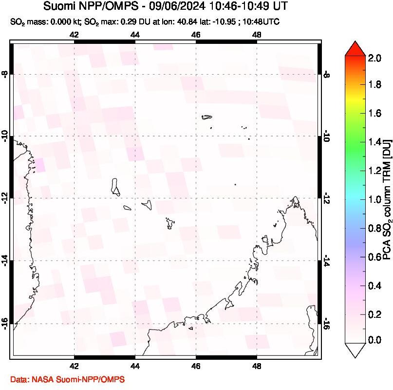 A sulfur dioxide image over Comoro Islands on Sep 06, 2024.