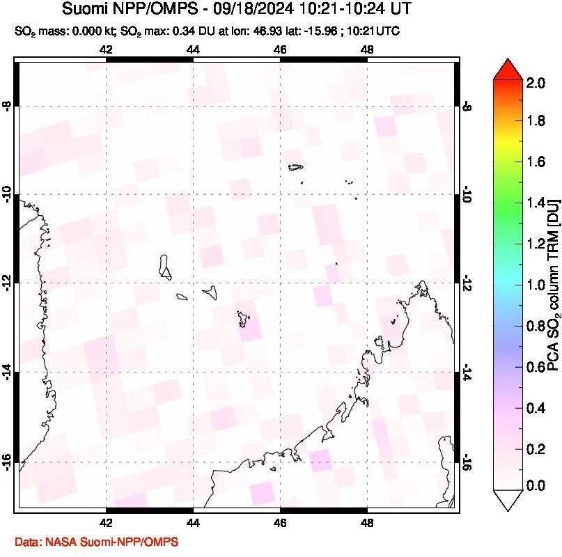 A sulfur dioxide image over Comoro Islands on Sep 18, 2024.