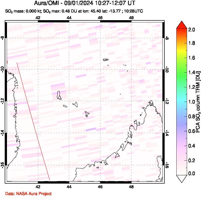 A sulfur dioxide image over Comoro Islands on Sep 01, 2024.