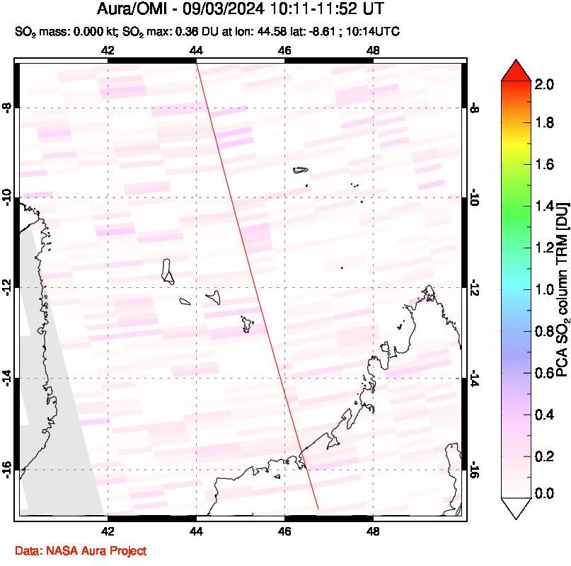 A sulfur dioxide image over Comoro Islands on Sep 03, 2024.