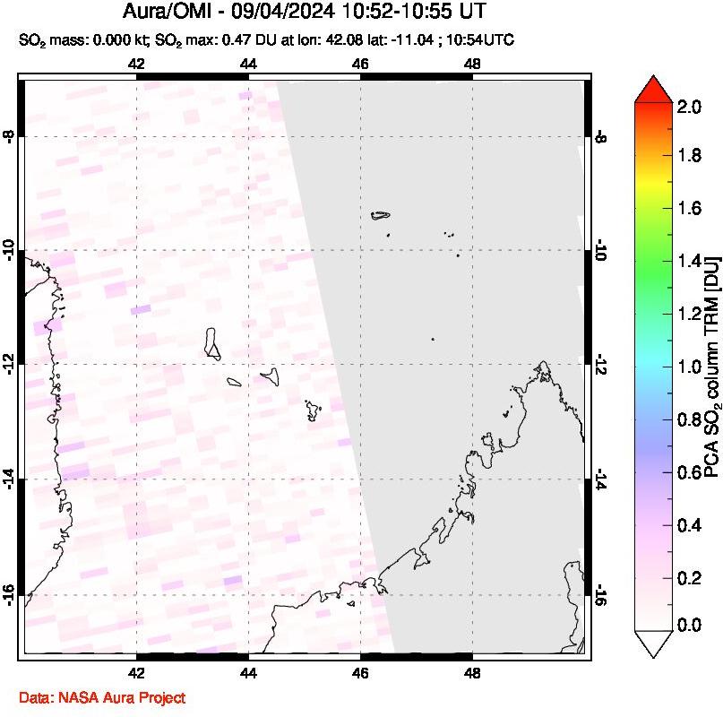 A sulfur dioxide image over Comoro Islands on Sep 04, 2024.