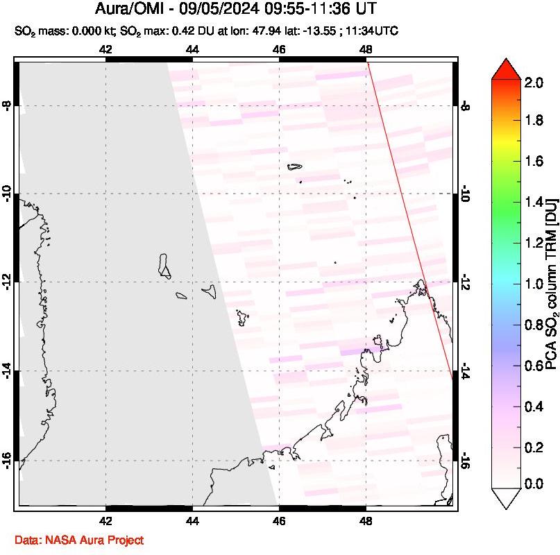 A sulfur dioxide image over Comoro Islands on Sep 05, 2024.