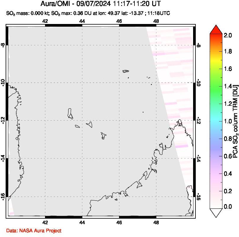 A sulfur dioxide image over Comoro Islands on Sep 07, 2024.