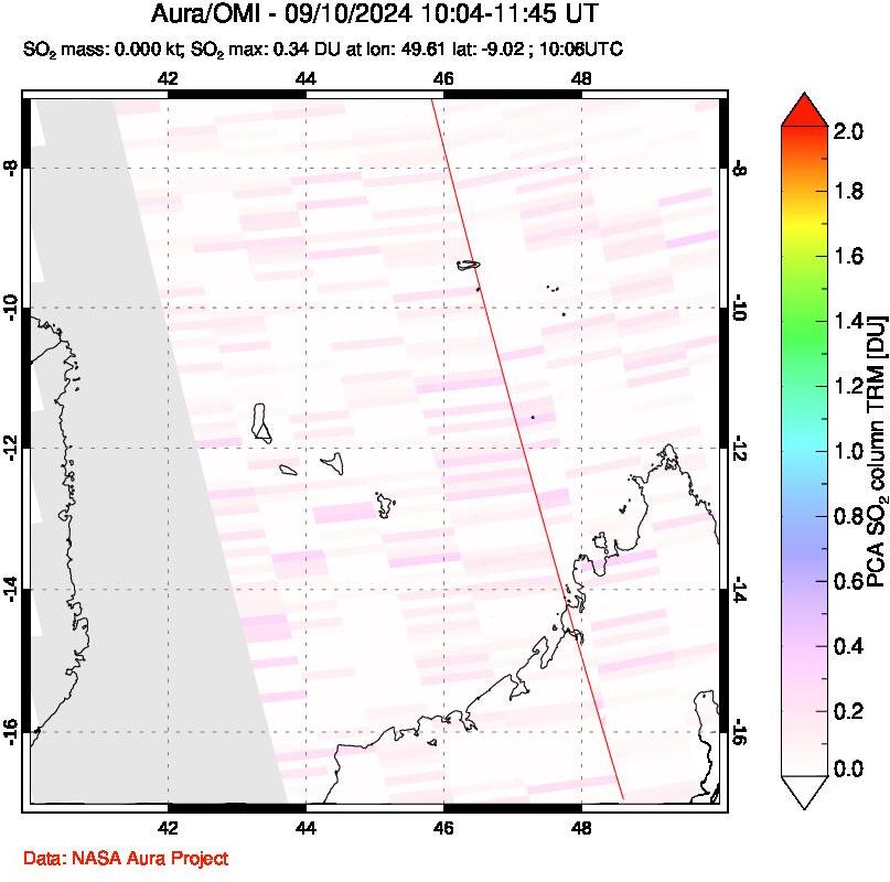 A sulfur dioxide image over Comoro Islands on Sep 10, 2024.