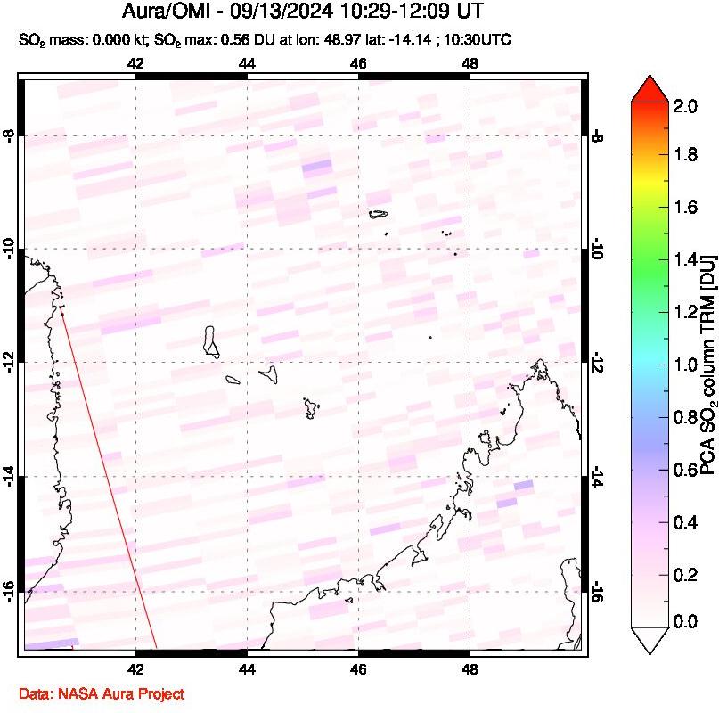 A sulfur dioxide image over Comoro Islands on Sep 13, 2024.