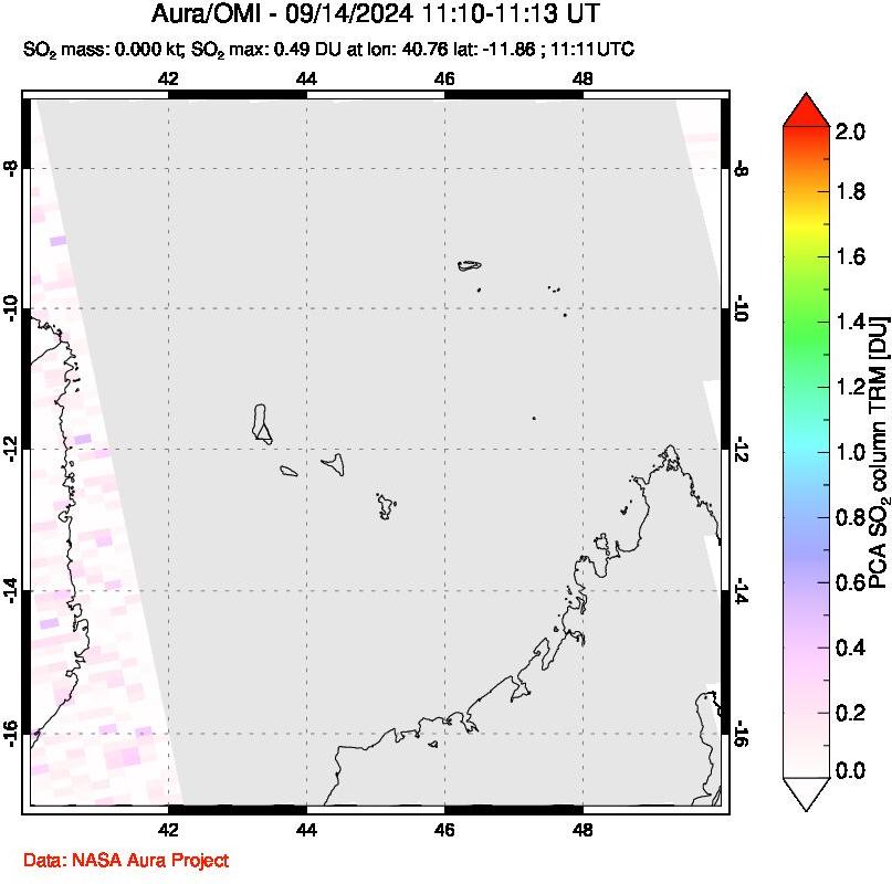 A sulfur dioxide image over Comoro Islands on Sep 14, 2024.