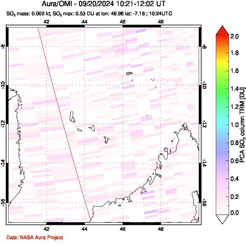 A sulfur dioxide image over Comoro Islands on Sep 20, 2024.