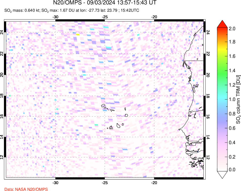 A sulfur dioxide image over Cape Verde Islands on Sep 03, 2024.