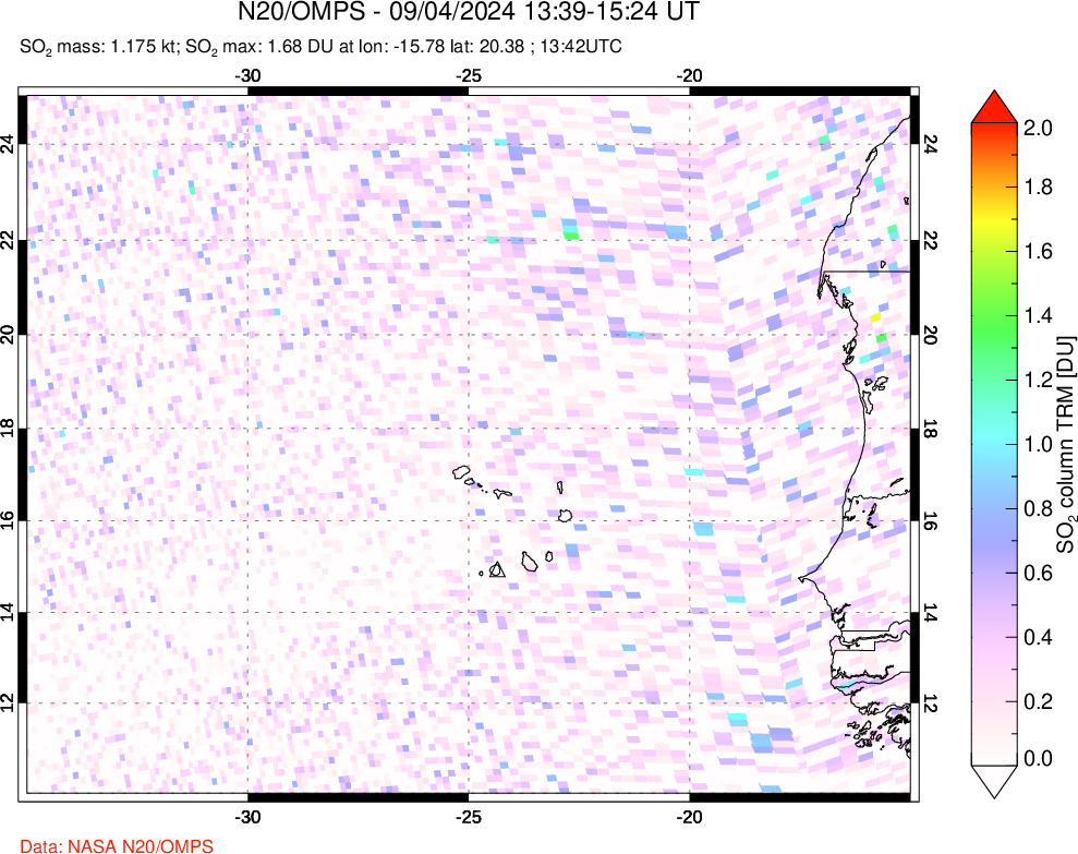 A sulfur dioxide image over Cape Verde Islands on Sep 04, 2024.